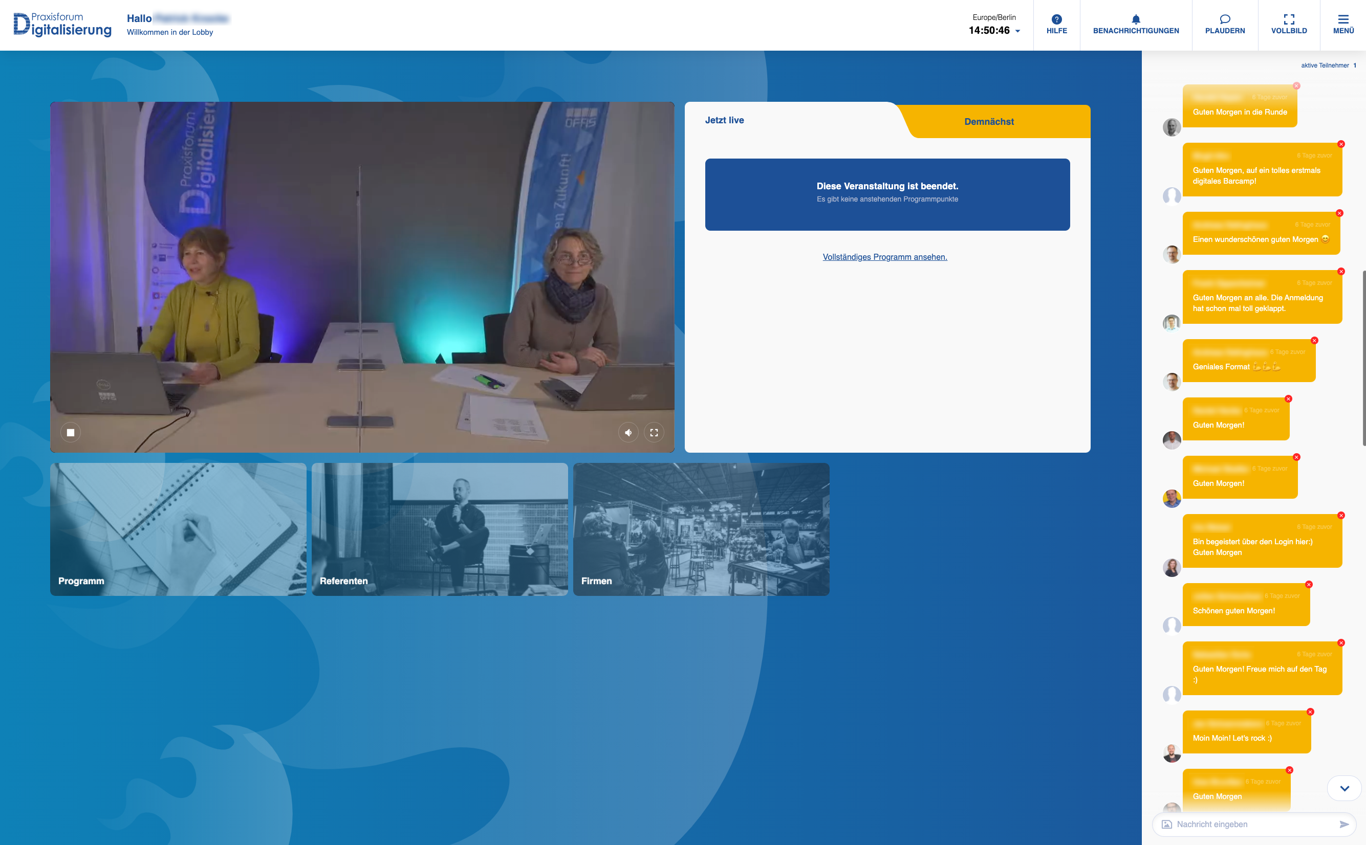 Screenshot der Lobby des Praxisforum Digitalisierung 2021